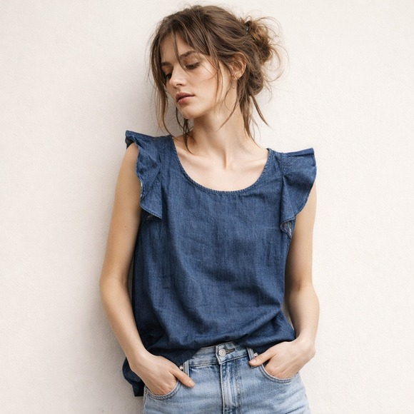 J.Crew Mercantile Tops - J.Crew Denim Chambray Ruffle Sleeveless Top Blue Sz 6